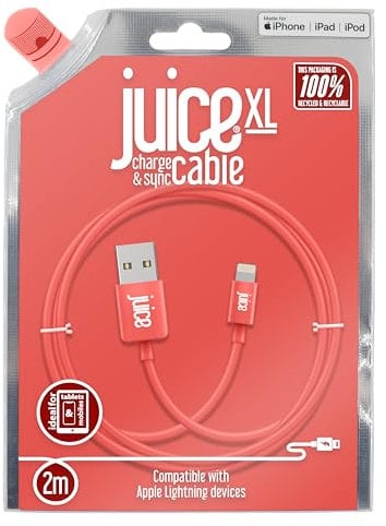 Juice XL 2m Apple Lightning Cable - USB to Lightning iPhone Charger, MFI Certified, Long & Durable iPad & iPhone Cable (Coral)