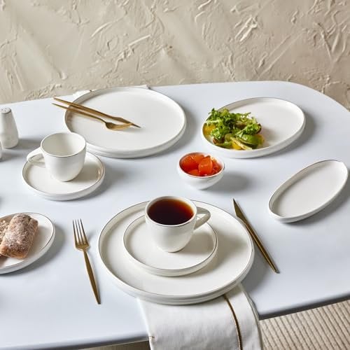 KARACA Streamline Sunset 34-Piece Porcelain Serveware Set for 6 People, Service Plates, Tea Cups & Saucers, Small Serving Platters, Bowls, Salt & Pepper Shaker, White Gold