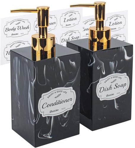 Marble Style Bottles Refillable Dispenser with Gold Pump & Waterproof Labels for Bathroom Countertop Shower Shampoo Laundry Dish Soap Lotion Hand Liquid Body Wash, Set of 2 Pack, 500ml, Black