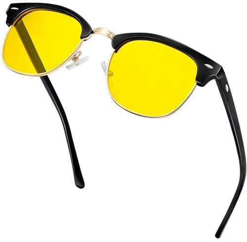 KANASTAL Half Frame Night Driving Glasses Womens Yellow Tinted Glasses Anti Glare Driving Mens Polarised Metal Night Vision Fishing UV400 - Black Yellow Lens