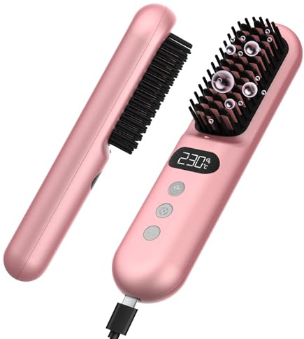 Gabrella Hair Straighteners Brush for Women, Fast Heating Ceramic & Anti-Scald Design, 150-230°C Adjustable Temperature for All Hair Types, Hot Straightening Brush for Hair Styling