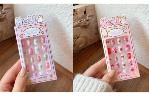 OMEIU Store 48Pcs 2 Pack Children Acrylic Fake Nails Press on Pre-glue Full Cover Glitter Color Rainbow Unicorn Mermaid Kids Stick On False Nail Art Kits Set Girls Birthday Gift (Set 02, one size)