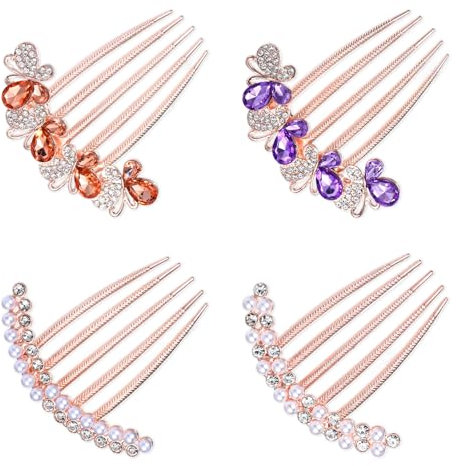 ElevateTech Strass Haarkamm zum Stecken, 4Stück Haar Steckkamm Strass Schmetterling Blumen Haarkämme Haarschmuck Kamm Haar Seitenkamm Einsteckkamm Französisch Haarspange Perlen Haarkämmchen für Frauen