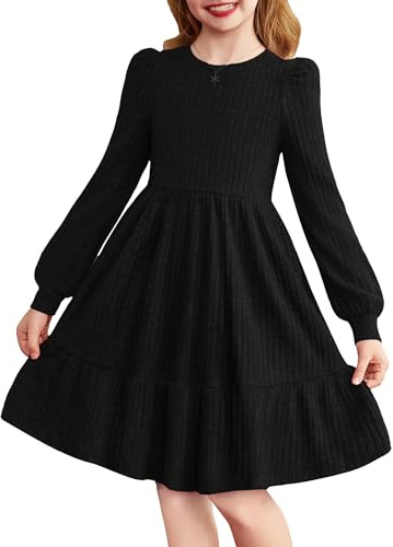 Arshiner Girls Long Sleeve Dress with Puff Sleeves Princess Elegant Party Dress Knit Jumper Casual Winter Dresses Crew Neck A-Line Solid Ribbed Knitted Dresses for Ages 13–14 Black