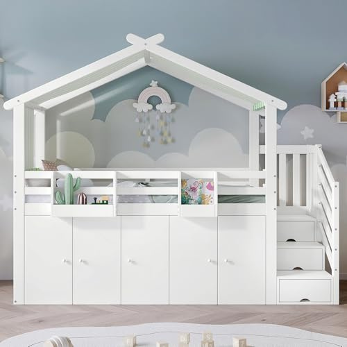 Doyisy Etagenbett, Kinderbett, mit Fallschutzgitter, 1 Kleiderschrank und 2 Schließfächer, mit 3 Schließfächer in der Treppe, gestreifter Stoff, Weiß+Grün, 90x200cm