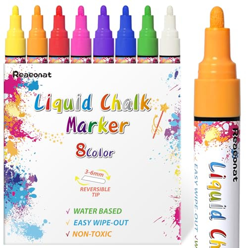 Reaeonat Erasable Liquid Chalk Pens, 3mm 6mm Reversible Tip Dry Erase Marker, Chalk Pens for Blackboards, Glass, Mirrors, Windows, Wood Boards - 8 Colors