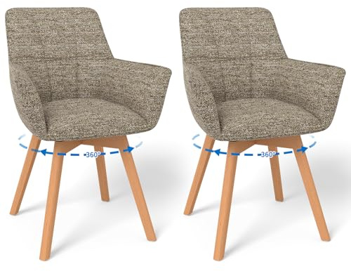 WAFTING 2er Set 360° Drehbare Esszimmerstühle mit Armlehnen und Holzbeinen | Drehbar Stühle, Moderner Küchenstuhl aus Samtstoff, Polsterstuhl für Esszimmer, Wohnzimmer, Küche, Schlafzimmer, Braun