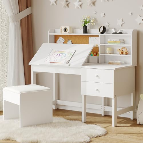Garvee Kids Desk and Chair Set, Wooden Study Table with Adjustable Tilt Desktop, Drawers & Cork Board - Children School Learning Desk Set for Boys & Girls Ages 3-8, White