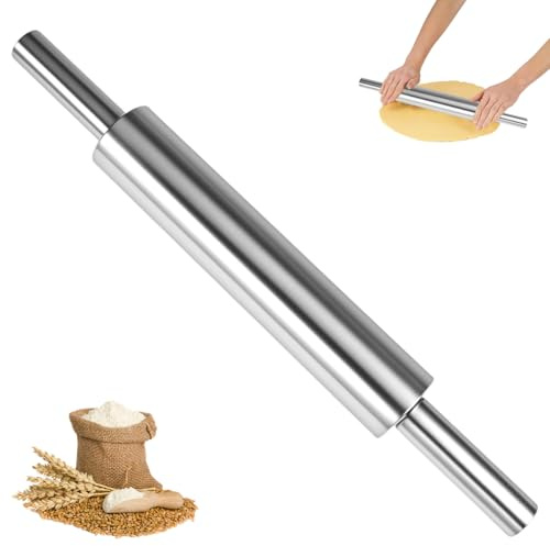 Mattarello Acciaio Inox, Matterello Rotante Acciaio Inossidabile con Manici | Mattarellos In Acciaios Inossidabile Antiaderente, Per Pasta Di Zucchero Impasti Cucina Pane Pizza Dolci Torte, Ø 5 x 43cm