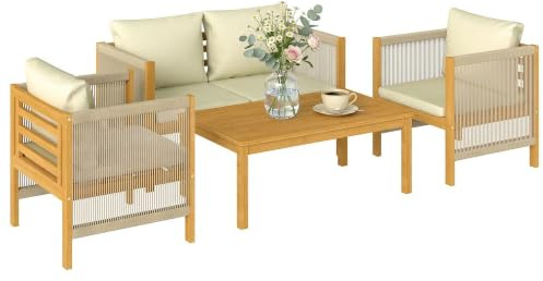 Outsunny Gartenmöbel Set Akazienholz für 4 Personen mit 2er Sofa Beige | Sitzgruppe, Gartenlounge, 2 Sessel, Tisch, Seilflecht, Lamellendesign, Waschbare Kissen, Outdoor Balkonmöbel, für Garten