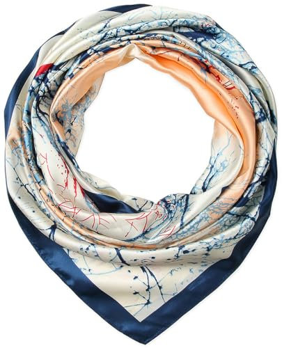 corciova 35 x 35 Große Bandana Frauen Satin Krawatte Quadrat Stirnband Seide Wie Haar Schal Wrap Kopftuch Preußisch Blau Beige Bäume