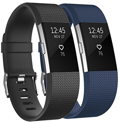 Tobfit für Fitbit Charge 2 Armband Damen Herren, Ersatz Silikon Sport und Fitness Armbänder für Fitbit Charge 2 (L, Klassische 2-Pack Schwarz+Blau)