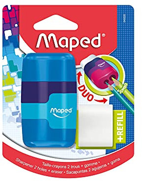 Maped - 2in1 Radier/ Anspitzer CONNECT, 2-Loch für dicke und dünne Stifte, nachfüllbar, inkl. Ersatz-Radierer - grün, blau, pink - zufällige Farbauswahl