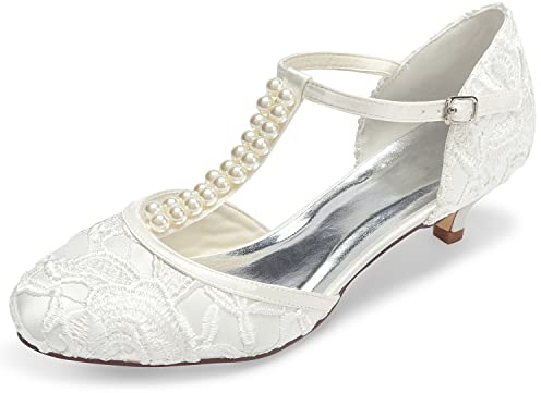 JIAJIA 01129 Chaussures de Mariée pour Femme Bout Fermé T-Strap Bas Talon Dentelle Satin Pompes Imitation Chaussures de Mariage