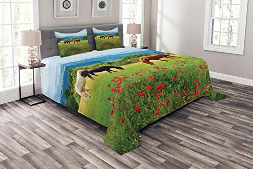 ABAKUHAUS Pferde Tagesdecke Set, Landschaft Ländliches Motiv, Set mit Kissenbezügen Klare Farben, für Doppelbetten 264 x 220 cm, Blau Grün