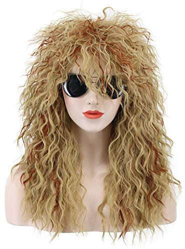 karlery Herren Damen Lang Lockig Orange und Blond Perücke 70er 80er Jahre Heavy Metal Rocker Vokuhila Perücke für Anime Kostüm