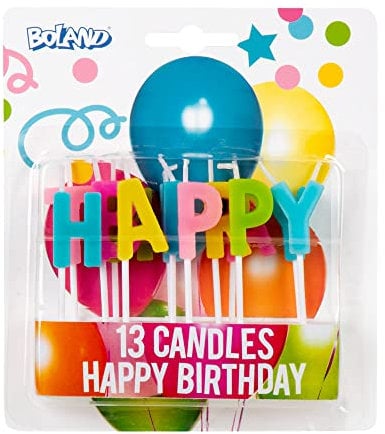 Boland 31071 - Kerzen Happy Birthday, 13 Stück, Geburtstagskerzen, Minikerzen, Tortenkerze, Stecker, Spieß, Mehrfarbig, Kuchen, Geburtstag, Kindergarten, Dekoration, Geschenk, Gartenparty
