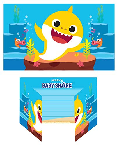 Amscan 9908481 - Einladungen Baby Shark mit Umschlägen, 8 Stück, Klappkarten mit lustigem Hai-Motiv und farblich, passenden Umschlägen, Kindergeburtstag