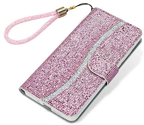 Tiyoo Phone Case for iPhone 6 Plus/6S Plus Flip Case Bling Glitter Sparkle Case, 3D Sequins Leather Wallet Cover with Magnetic Closure, Support Stand and Card Slots, with Lanyard Strap (Pink)