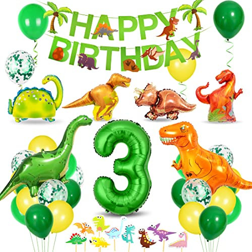 Bluelves Dino Geburtstag Deko 3 Jahre, Deko Dinosaurier Geburtstag, Luftballons Grün für Dinosaurier Party Dschungel Party Kinder