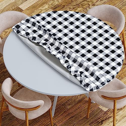 Sorfey Runde Tischdecke mit Gummizug, Vinyl mit Flanell-Rückseite, passend für Tische, 106,7 cm, wasserdicht, leicht zu reinigen, kariertes schwarzes Design