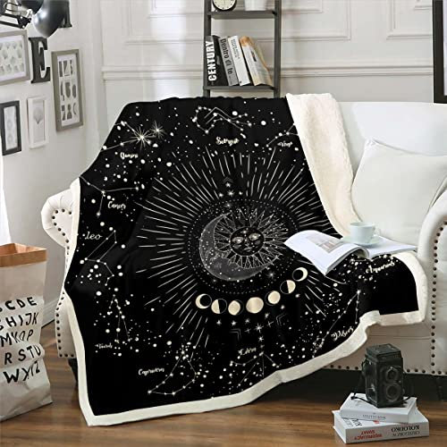 Loussiesd Sonne und Mond gedruckt Decke 150x200cm Boho Exotisches Dekor für Kinder Mädchen Galaxie Astrologie Kuscheldecke Bohemian Stammes Schwarz Wohndecke Flanell Fleecedecke