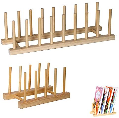 Colrid 2 Stück Bambus Geschirrständer, Bambus Abtropfgestell, Bambus Geschirrregal, 4 Steckplätze und 8 Steckplätze, Platz Sparen, für Tassen, Teller, Topfdeckel, Schneidebretter, CD, Bücher