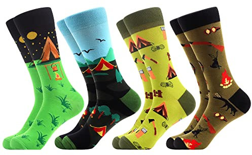 WeciBor Herren Lustige Bunte Socken mit Motiv, 4 Paar Mehrfarbig Camping, Größe 43-46