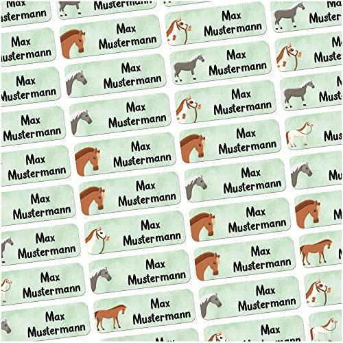 60 Stück personalisierte Namensaufkleber für Schulsache. Für Kinder Schule und Kindergarten zum Markieren von Gegenständen (Pferde) Maße 4,8x1,6cm