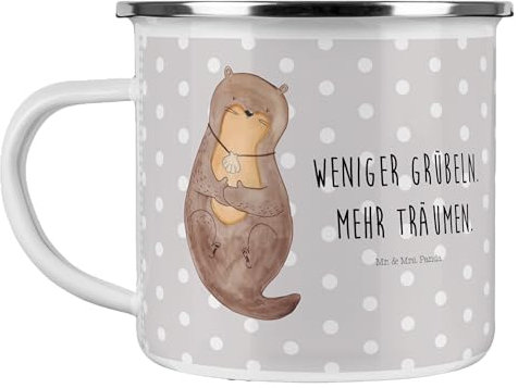 Mr. & Mrs. Panda Camping Emaille Tasse Otter Muschel - Geschenk, Trinkbecher, Kaffee Blechtasse, Otterliebe, Outdoor Tasse, Seeotter, niedlich,