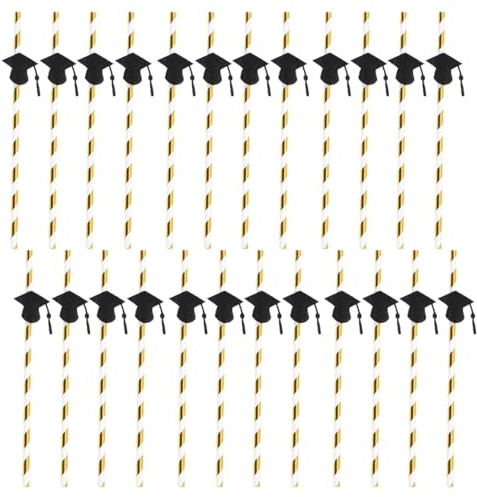 ABOOFAN 24pcs Graduation Paper Straws, 7'' Black and Gold Striped Straws with Grad Cap Ornaments, Class of 2026 Graduation Party Supplies (Need Assemble)