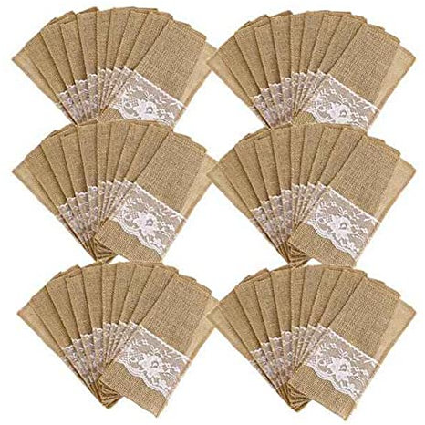 Geieold 100 SttCk Sackleinen Spitze Besteck Beutel Rustikale Hochzeit Geschirr Messer Halter Tasche Hessische Tisch Dekoration ZubehhR