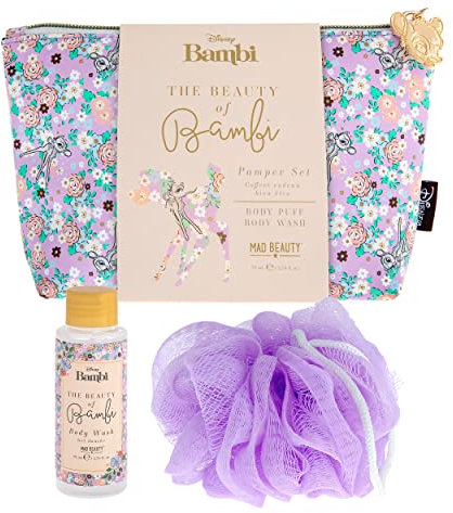 MAD BEAUTY Disney BAMBI Geschenkset mit Kosmetiktasche, Duschgel und Schwamm, blumige Tasche mit Reh-Design Duft: Wildflower