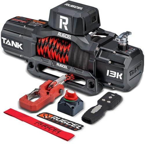 RUGCEL WINCH 13500lb/6123kg 12V DC Heavy Duty Electric Winch, Waterproof Synthetic Rope Winch, 2 in 1 Wireless Remote Control, Off-Road Recovery for SUV Truck Trailer, TANK Series