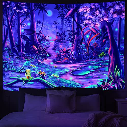 Schwarzlicht Fantasie Wald Tapisserie psychedelische Pflanze Tapisserie UV Reaktiv Natur Baum Tapisserie Geheimnisvolle Landschaft Tapisserie Niedlich Frosch Wandbehang für Schlafzimmer Wohnzimmer