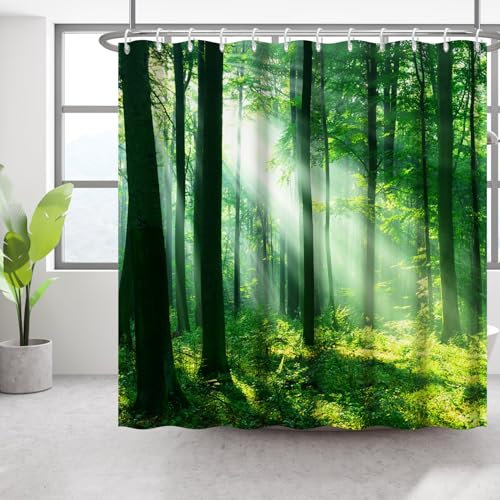Bovlleetd Wald Duschvorhang 180x180cm Morgen Wald Sonnenlicht Waldlandschaft Natürlicher Duschvorhang Grün Waldland, Wasserdicht Waschbar Polyester Badevorhänge mit 12 Haken für Badezimmer, Badewanne