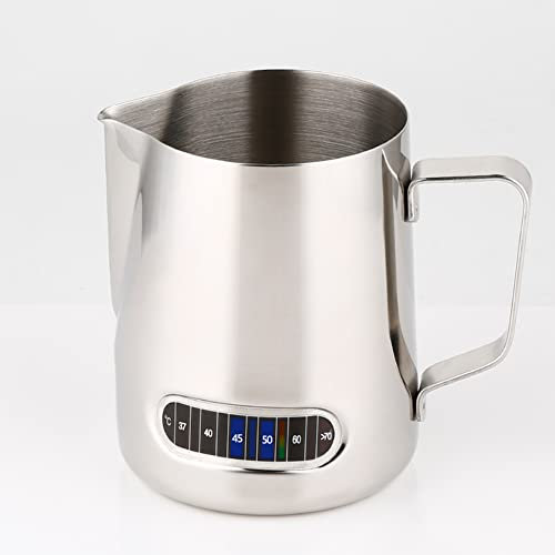 Milchaufschäumkännchen – 600 ml Edelstahl-Milchkännchen mit Thermometer, spezieller tropffreier Ausgießer, Metall-Barista-Milchkrug für die Herstellung von Cappuccino, Latte und Espresso