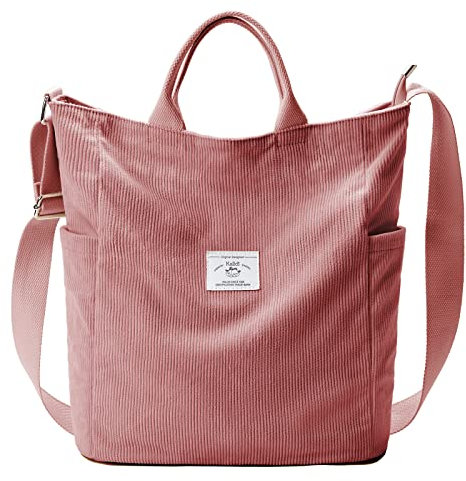 KALIDI Sac fourre-tout en velours côtelé, grand sac à bandoulière Hobo anti-éclaboussures, sac à fermeture éclair, décontracté, travail, shopping, femme, rose