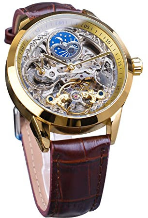 FORSINING Orologio da uomo Tourbillon con fasi lunari, orologio da polso automatico da uomo, in pelle, alla moda, business, scheletro, orologi di lusso a carica manuale, Oro, Cinturino