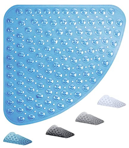 ADOV Corner Shower Mat, 54x54cm Curved Non Slip Anti-Mould Bath Mat, Quadrant Rubber Mat for Inside Shower Bathroom Floor, Machine Washable Sector Shower Mats with Strong Quick Dry Suction Cups- Blue
