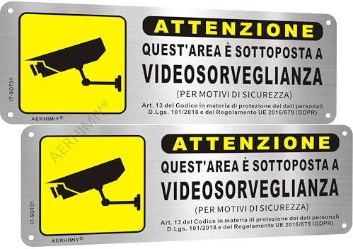 Cartello Area Videosorvegliata Alluminio Spazzolato 25x9 cm, Cartello Videosorveglianza Adesivo Cartello Area Videosorvegliata a Norma GDPR, Protezione UV, Impermeabile, Antiruggine, Con fori