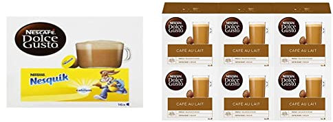 Nescafé Dolce Gusto Nesquik - Chocolat - 96 Capsules (Pack de 6 boîtes x 16) & Café au Lait - Café - 96 Capsules (Pack de 6 boîtes x 16)