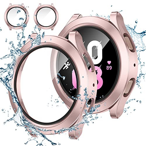 Neitra [2Stück] Wasserdichte Hülle für Galaxy Watch 5 2022 & 4 2021 44mm Schutzhülle mit Glass Displayschutzfolie, Hart PC Voller Körper Kratzfest Gehäuse Cover für Samsung Watch5 Watch4