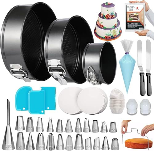 RFAQK 150-teiliges Kuchenformen-Set zum Backen + Kuchendekoration: 3 runde Antihaft-Springformen-Set (10.2 cm, 17.8 cm), 22.9 cm, multifunktionale, auslaufsichere Kuchenformen und eBook