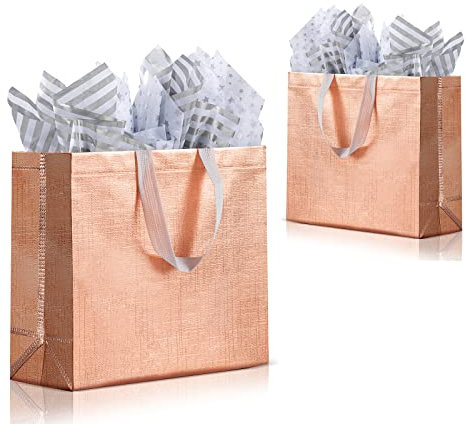 SHIPKEY 10 Pack Rose Gold Gift Bags with Tissue Paper, 12.5x4.7x11 Inches, Reusable Gift Bags, Large Gift Bags, Reusable Grocery Bags for Weddings, Birthdays, and Anniversaries (32x12x28 cm)