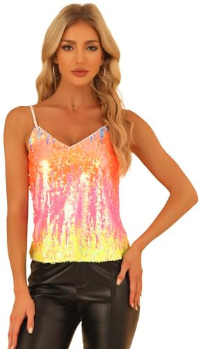 Allegra K Damen Festliches Oberteil Glitzer Top Spaghetti Party Club Camisole Pailletten Shirt Weiß Orange Blau M