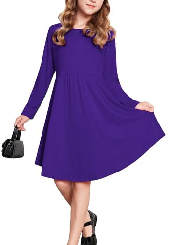 Parabler Robes Filles Coton Robe T-Shirt à Manches Longues Automne Hiver VêTements DécontractéS pour Enfants Robe en Jersey Décontracté 13-14 Ans