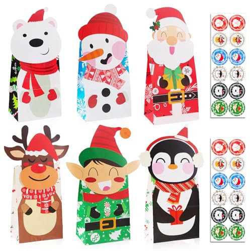 Gintan Papiertüten Kleine Geschenktüten Weihnachten 24 Pcs-4 Stile 6 Stücks, Papier Geschenktüten mit 24 Aufkleber Candy weihnachtsgeschenktüte for Christmas Advent Calendar Birthday Party