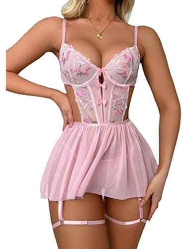 RPAEOY Lingerie Donna Pizzo Bustier con Gonna Ricamato Floreale Completo Intimo Elegante Abbigliamento Notte Reggicalze Set Intimi Sexy