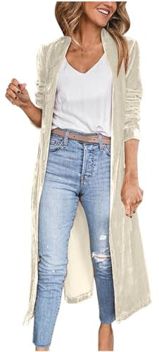 AMhomely Velvet Cardigan For Women Long Velvet Cardigan Plaid Maxi Duster Cardigans Open Front Trench Coat Jacket Casual Lapel Collar Open Front Coat Long Outerwear White XL